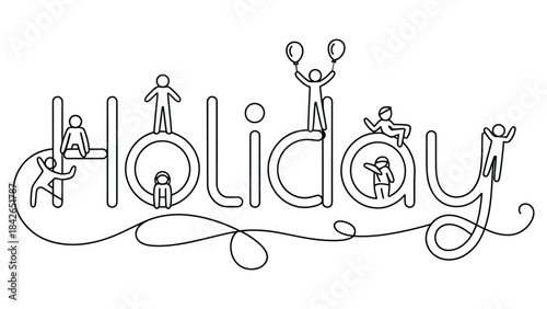 Creative holiday typography line art with playful stick-figure characters interacting with the letters, expressing joy, fun, and festive celebration.