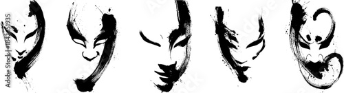 Hand painted oriental asian face icons set in traditional black ink brush stroke drawing style