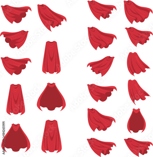 Red superhero cape clipart set featuring flowing capes in multiple poses and styles for comics, costumes, digital art, animation, and design projects.