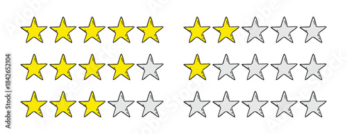 Rating 1, 2, 3, 4, 5 stars doodle icon set. Gold star one, two, three, four, five hand drawn icon set. variable isolated stars rating