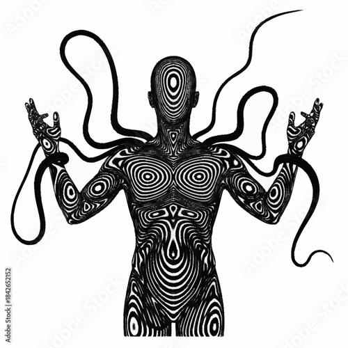 Abstract human figure with swirling patterns and flowing tendrils.