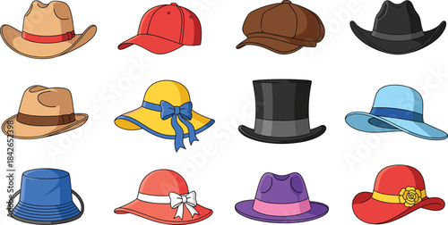 Hat illustration set featuring stylish cowboy hats, caps, sun hats, top hats, and fashion accessories perfect for clipart, design projects, stickers, and crafting