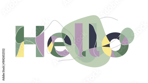 Multicolored word 'Hello' in bold, playful letters with green, purple, and yellow hues against a clean white background.