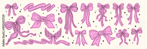 Coquette pink ribbon bows sticker set, cute girly decorative bow illustrations with sparkles and elegant long tails.