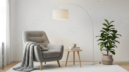 A tranquil corner featuring a grey armchair draped with a chunky knit blanket, a wooden side table with books and a mug, an arched floor lamp, and a lush fiddle leaf fig in a woven basket