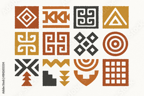 Venezuelan indigenous patterns icons in flat vector grid with rugged torn texture on white background