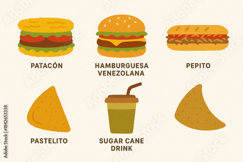 Venezuelan fast food icons in flat vector grid with rugged torn texture on white background