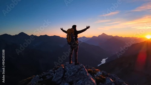 Inspirational mountain summit sunrise achievement with backpacker celebrating victory over rugged peaks