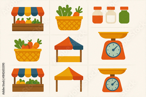 Venezuelan street market icons in flat vector grid with rugged torn texture on white background