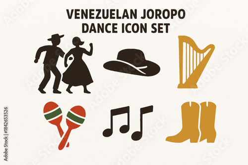 Venezuelan joropo dance icons in flat vector grid with rugged torn texture on white background