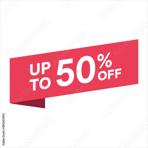 Red banner with white text UPTO 50% OF on white background sale discount
