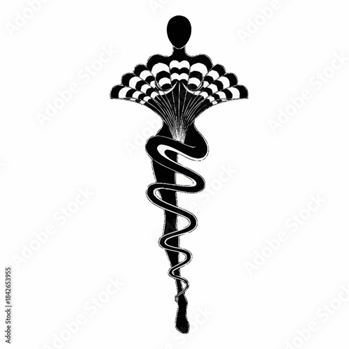 Stylized Caduceus Symbol with Human Figure and Snake.