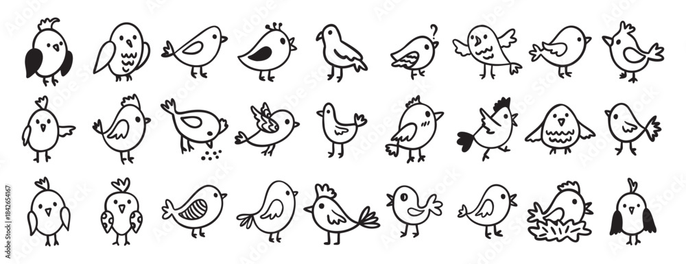 Naklejka premium cute birds forest animal characters doodle hand drawn icon set. Outline drawing birds line clipart symbol collection