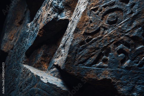 Ancient stone carvings detail a textured wall, showcasing intricate designs and weathered surfaces, blending history and artistry in a rugged texture.