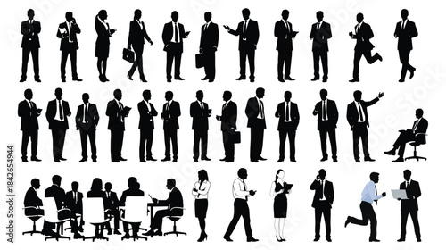 Business People Silhouettes Vector Set Professional Corporate Team Figures, Office Worker Poses Collection
