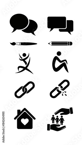 Diverse black graphic icons set depicting dialogue writing abstract human activity social connection broken link vulnerability care protection shelter housing family bonds vector illustration elements