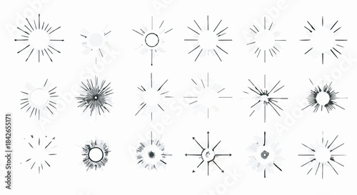 Set of black minimalist sunburst and starburst line icons. Radial light ray vector design elements collection.