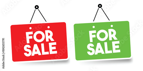 Red and Green FOR SALE Signs Hanging Side by Side for Promotional Advertising