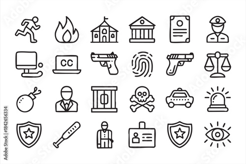 Police and Safety Line Icons for Crime Prevention, Law Systems, and Enforcement Graphics