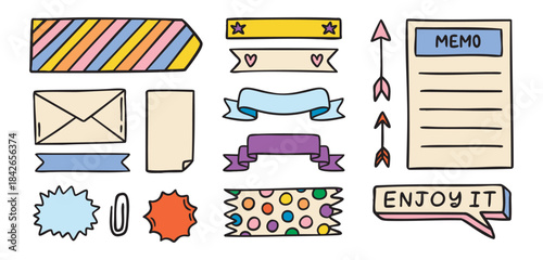 Planner washi tapes and label strips, decorative reminders, colorful doodles, hand drawn