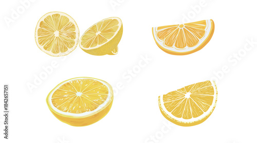 Perfect circular slice of fresh lemon isolated on white background, clean minimal food illustration highlighting citrus texture, vibrant yellow color, healthy ingredient concept for cooking