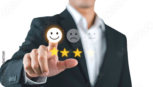 Person in suit pointing at a happy face icon and stars, choosing a rating