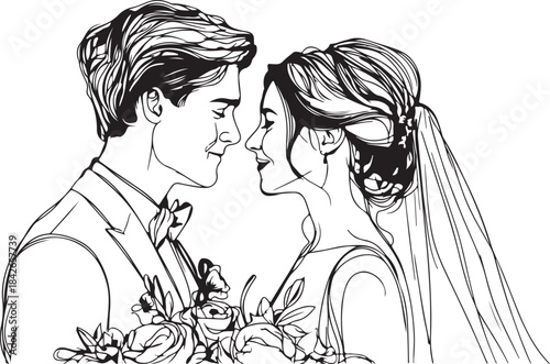Wedding couple kissing silhouette vector illustration sketch drawing design