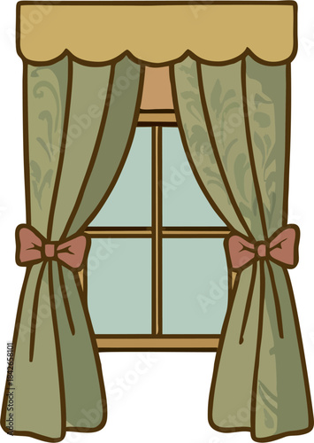 Vintage window with patterned green curtains and valance, flat vector illustration of classic home interior decor