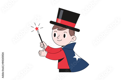 A cartoon magician with a wand conjures a sparkling star