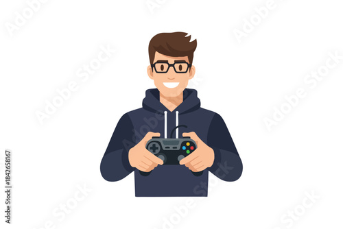 A smiling gamer with glasses holds a gamepad in a hoodie against white