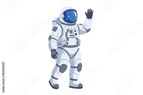 A smiling astronaut waves, donning a white spacesuit with a star-filled visor