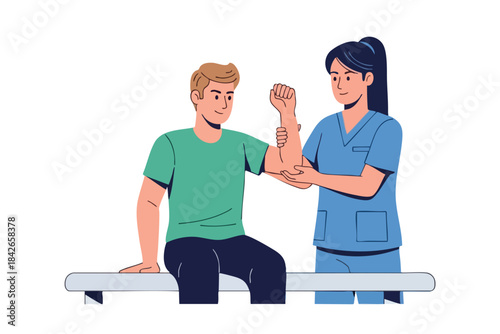 Medical professional examining patient's arm; both are smiling and well-drawn
