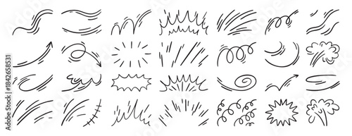 Expression and movement elements. Hand drawn emotion line, effects. Abstract hitting, jumping animation. Doodle curves, swirl, shape, motion. Vector set. Isolated puff and curved.