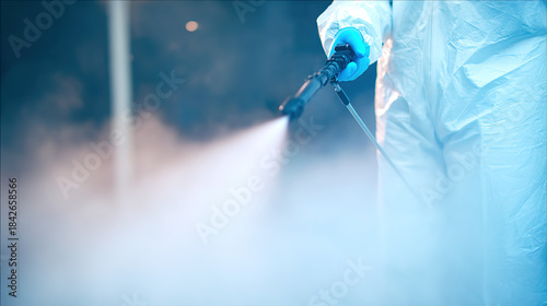 decontamination. A white hazmat suit being sprayed with mist in a clean room. safety posters, maintenance manuals, designed for precision metalworking and fabrication facilities.
