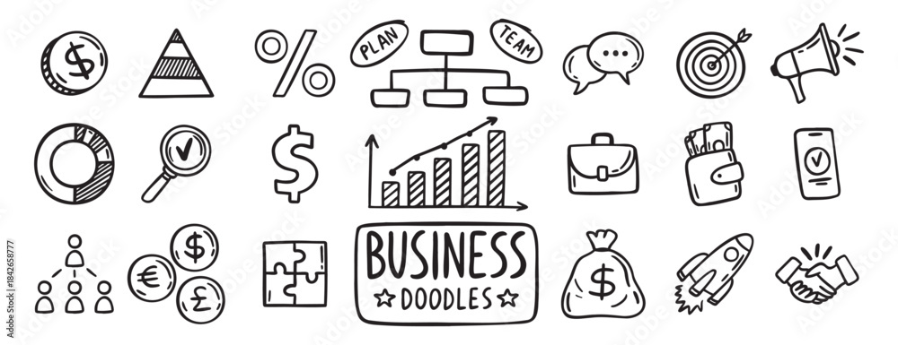 Fototapeta premium business doodle hand drawn icon set. Outline drawing business line clipart symbol collection