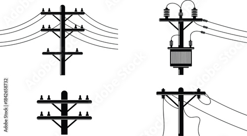 Black and white illustrations of utility poles with power lines, insulators, and transformer Keywords: utility pole, power line