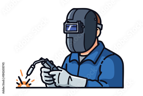 A welder in blue coveralls and protective gear welding, sparks flying