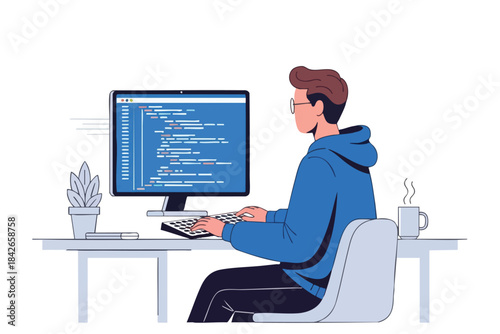 A person codes at a computer with blue screen, desk setup, and a coffee mug