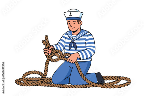 A cartoon sailor kneels, tying a rope, wearing blue striped shirt, hat, and pants