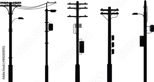 Collection of black silhouette utility poles with electrical equipment and street lights Keywords: utility pole, silhouette