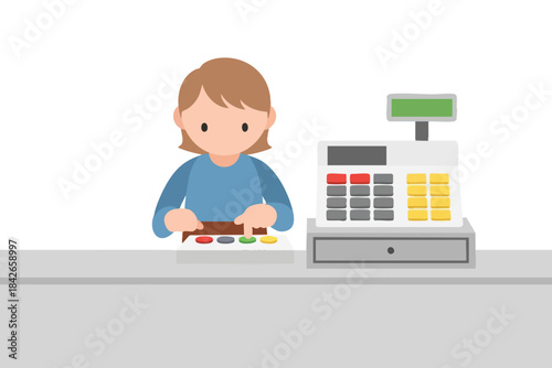 A cashier operates a cash register, pressing colored buttons