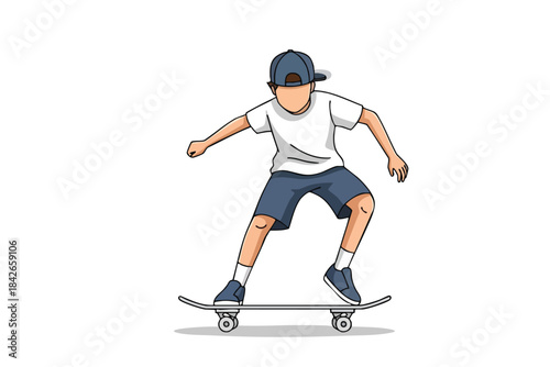 An illustrated skater in a cap and shorts, balanced on a skateboard