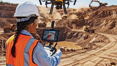 Drone operator controlling aerial survey for excavation project in mining site