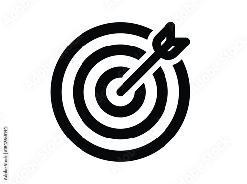 Black and White Target Icon with Arrow Hitting the Bullseye