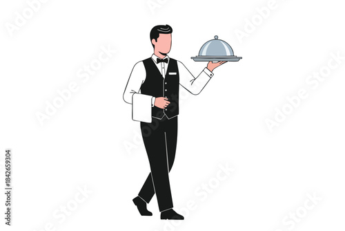 Illustration of a waiter in uniform carrying a covered serving dish