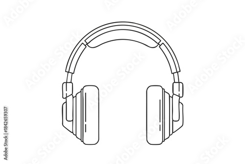 A black and white outline of over-ear headphones, centered on a white background