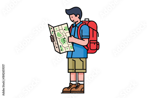 A backpacker consults a map, planning his journey, wearing a backpack and hiking boots