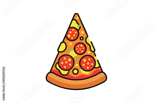 A vector illustration depicts a pizza slice with pepperoni, cheese, and vegetables