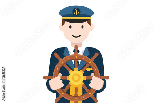 A smiling captain in uniform, holding a ship's wheel