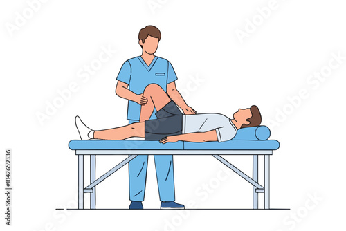 A medical professional examining a patient's knee while the patient lays on a therapy table